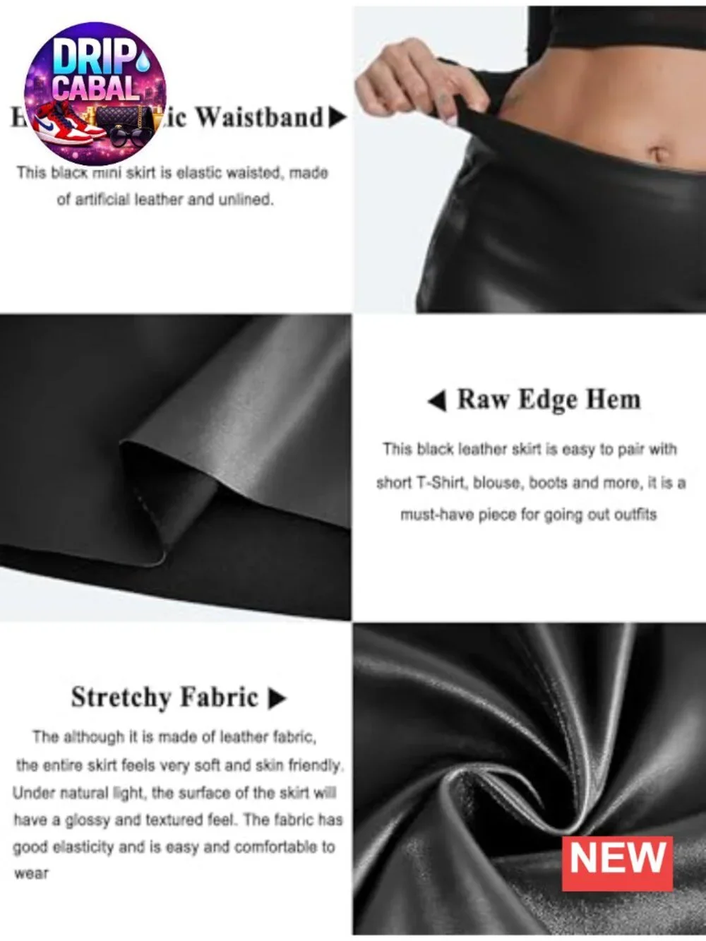Faux Leather High Waisted Bodycon Mini Skirt Stretchy A-Line Black